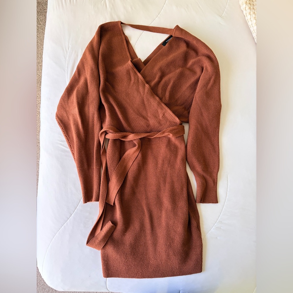 Brown Wrap Sweater Dress